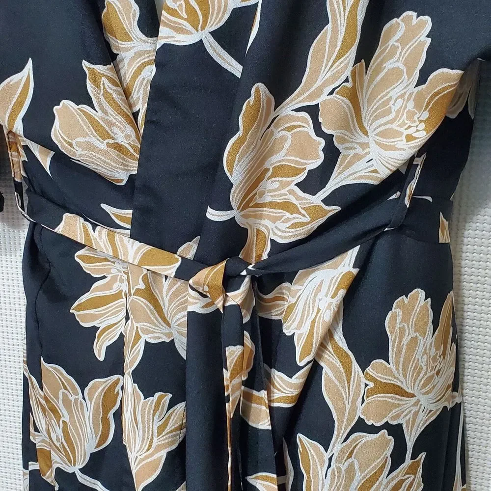 Maison Du Soir Womens Robe S / M Black Gold Floral Kimono Duster Rachel Zoe - Picture 5 of 10